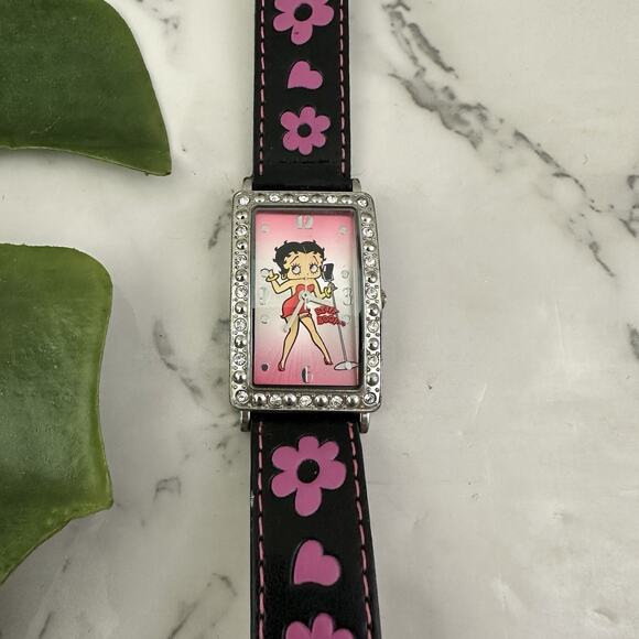 Betty Boop Vintage Y2k Womens Wrist Watch Black Square Face Rhinestones Flowers - Picture 2 of 4